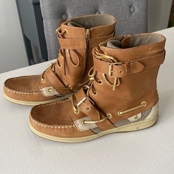 Sperry Top Sider Leather Upper Boots Gold Laces Lace Up Double Buckle Like New - Picture 5 of 17